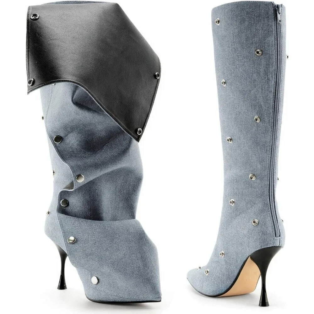 Women's Denim Blue Suede Detachable Snap-off Panel Fold Over Fall Shark Boots